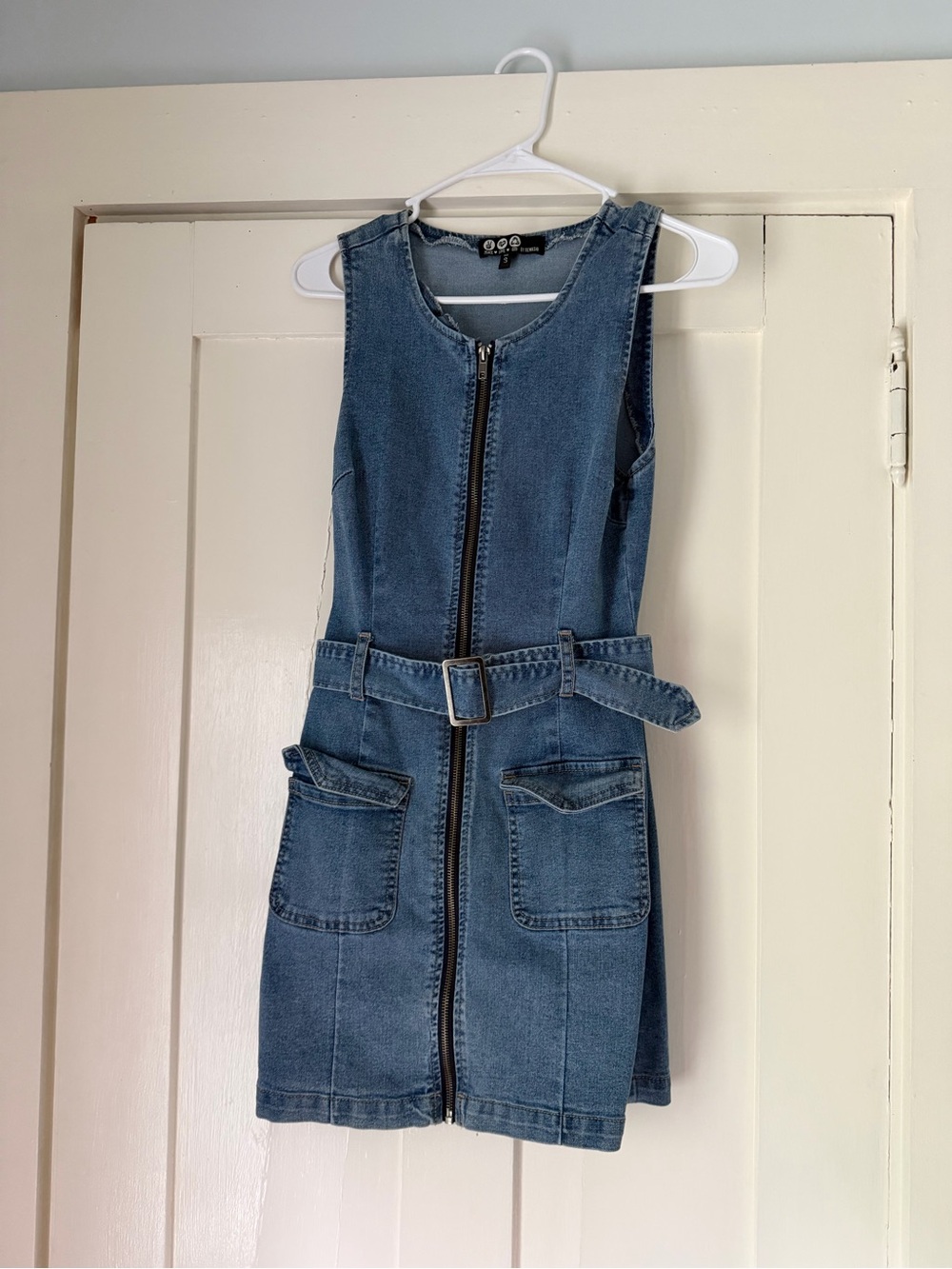 Rewash Denim Zip-Front Mini Dress in Medium Blue